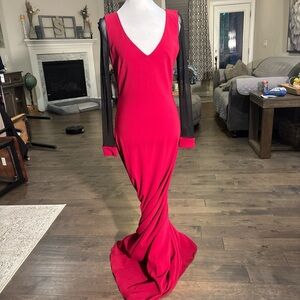 Elegant Red Evening Gown with Sheer Sleeves